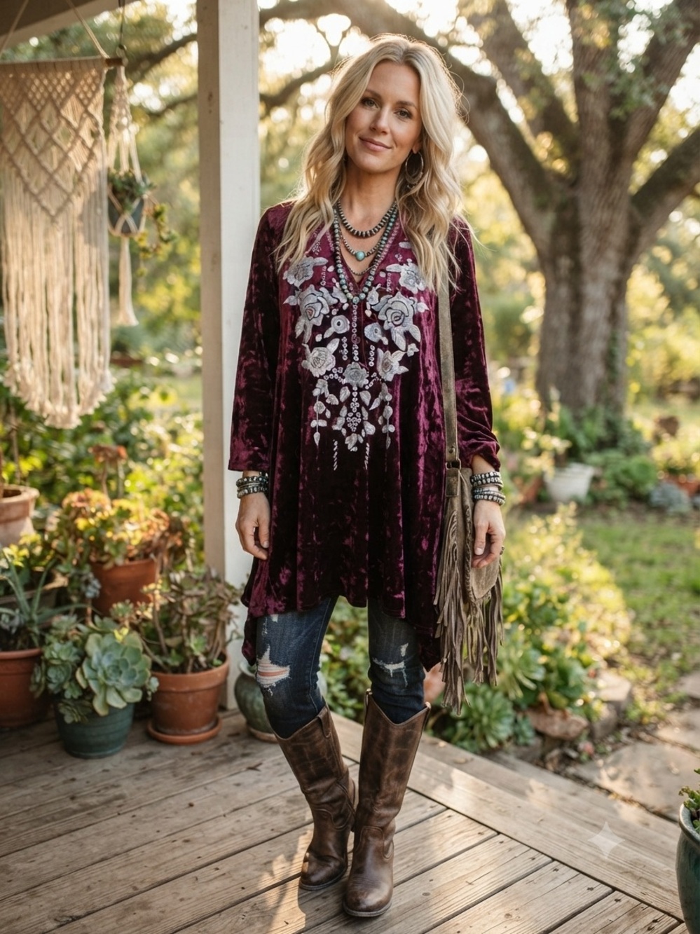 Andrée by Unit 90s Boho Burgundy Velvet Embroidered Floral Tunic Dress L⁠